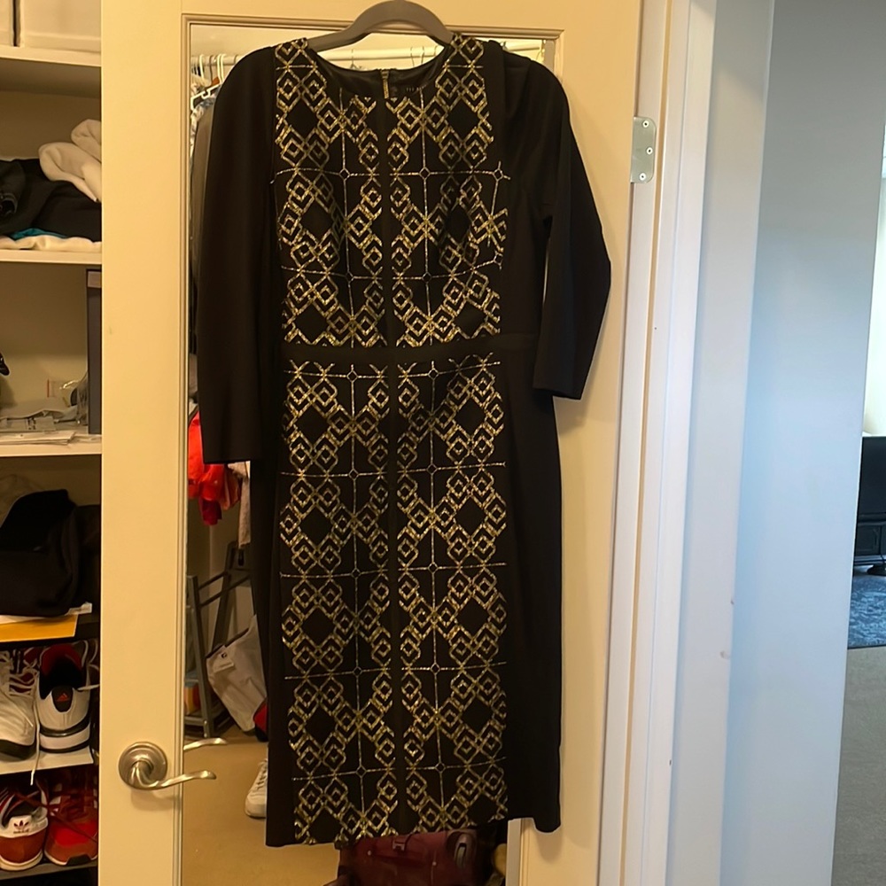 Ted Baker Midi cocktail dress - Black with Gold foiling panel- size 5